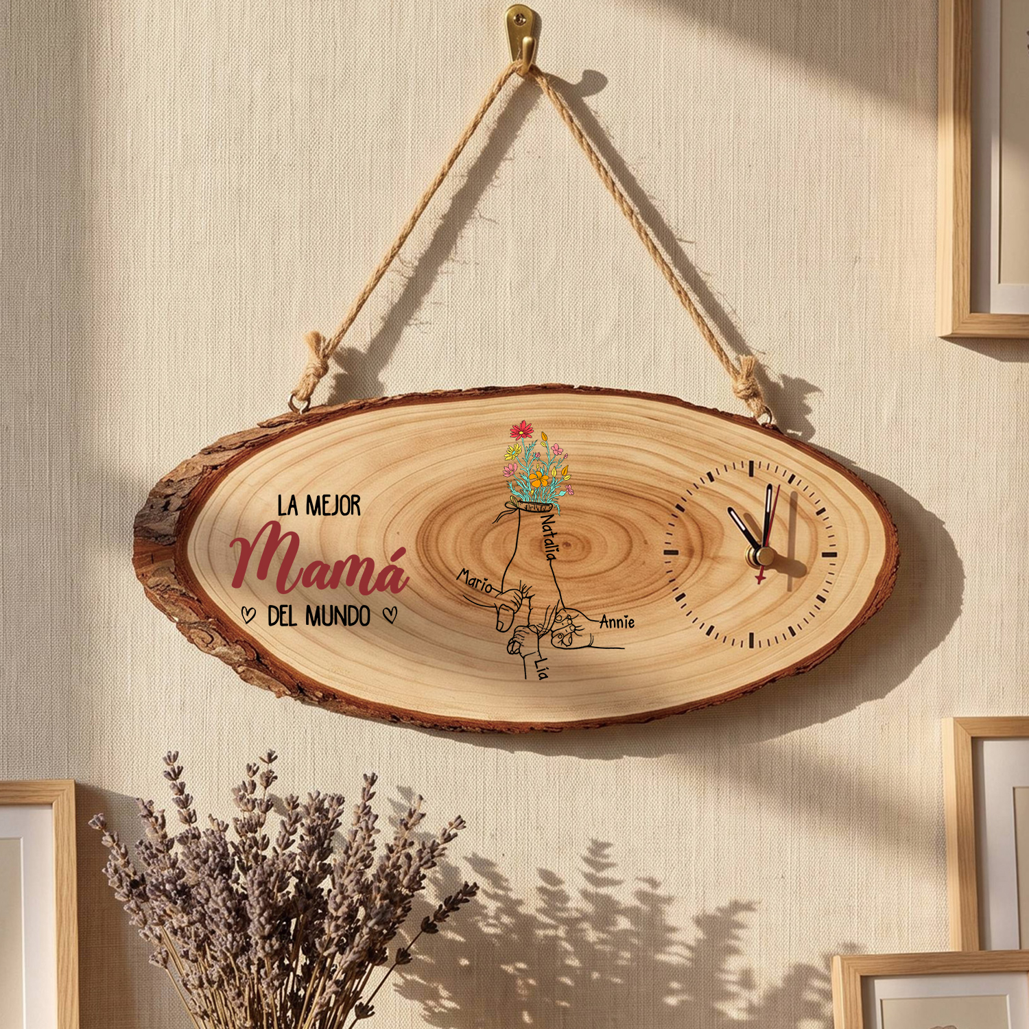 Reloj de Madera Personalizado « La Mejor Mamá/Abuela del Mundo » con 1 a 6 Nombres