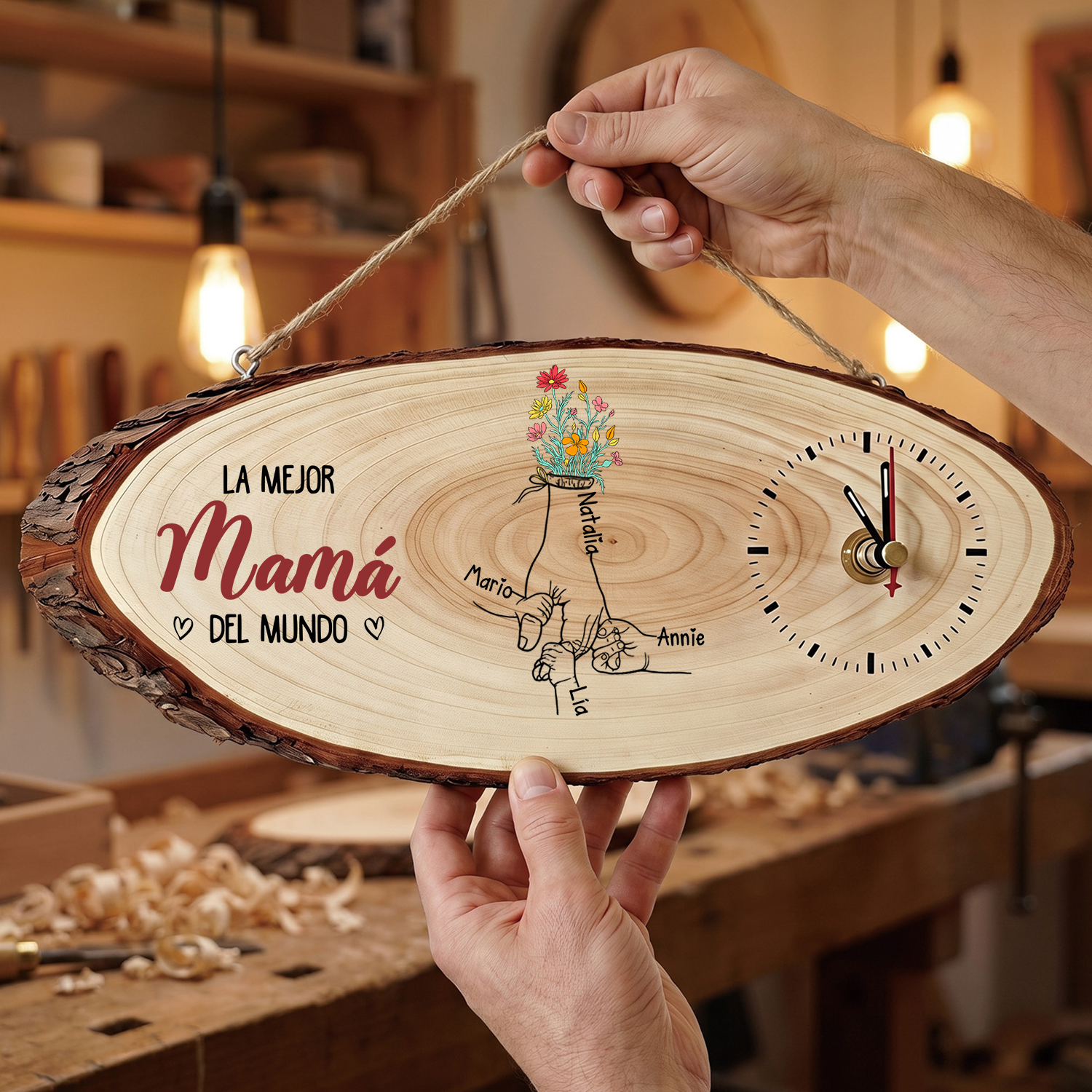 Reloj de Madera Personalizado « La Mejor Mamá/Abuela del Mundo » con 1 a 6 Nombres