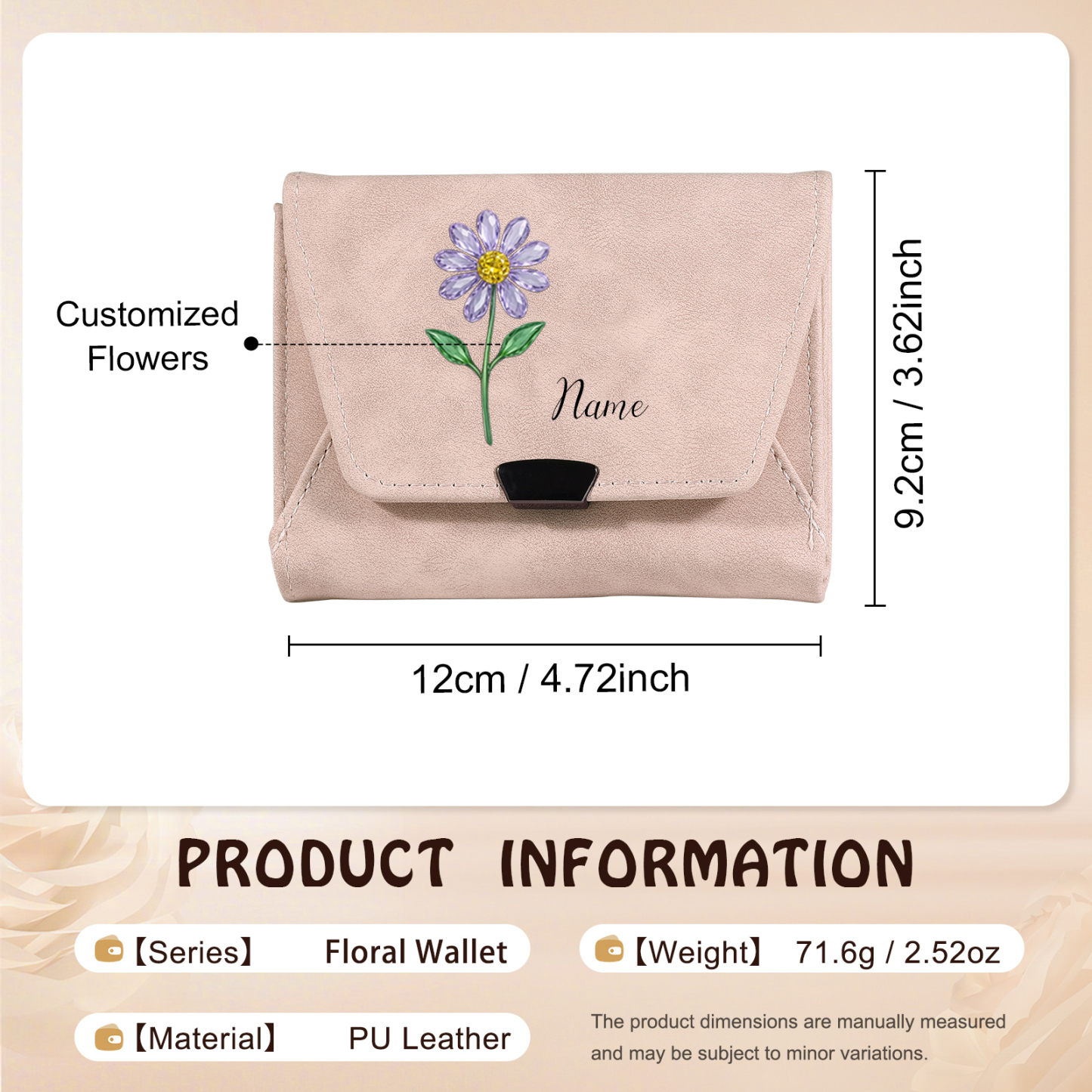 Cartera de cuero personalizada para mujer con flor de nacimiento y nombre