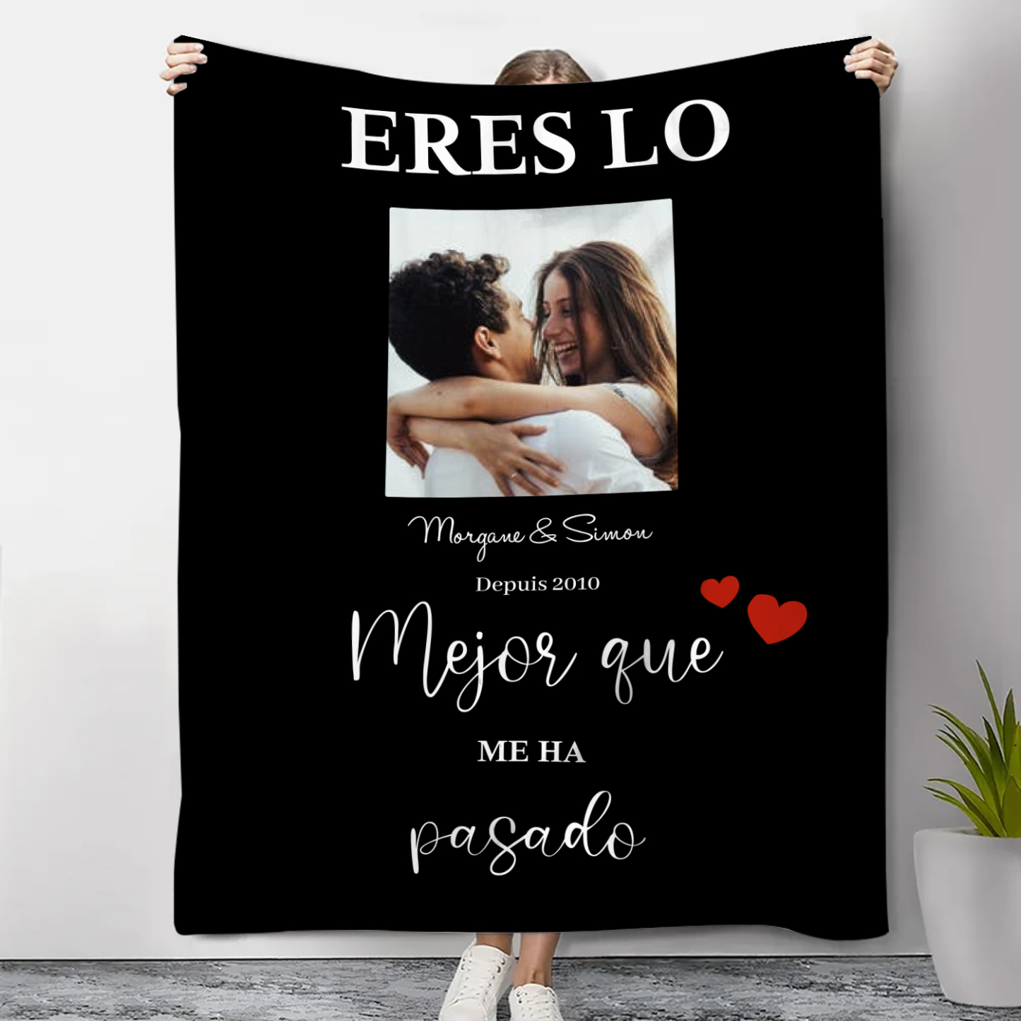 Pareja-Manta de buen calidad de foto personalizada con 2 textos-Jessemade ES