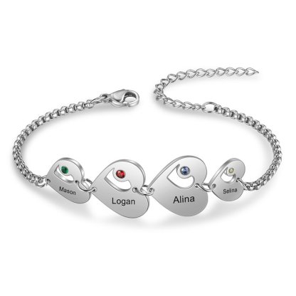 Pulsera de corazón personalizada con 4 nombres y 4 piedras de nacimiento-Jessemade ES