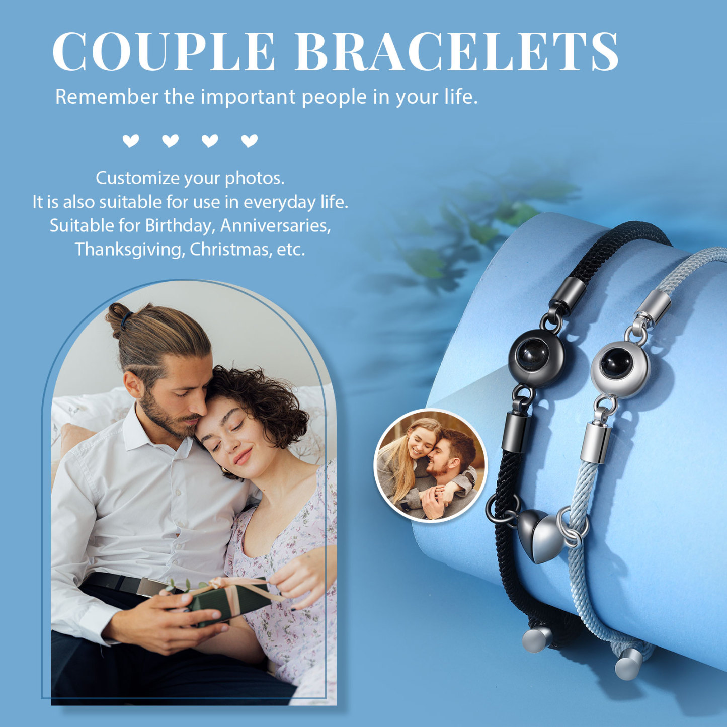 Pulsera para pareja con proyección de foto con dije de corazón magnético-Jessemade ES