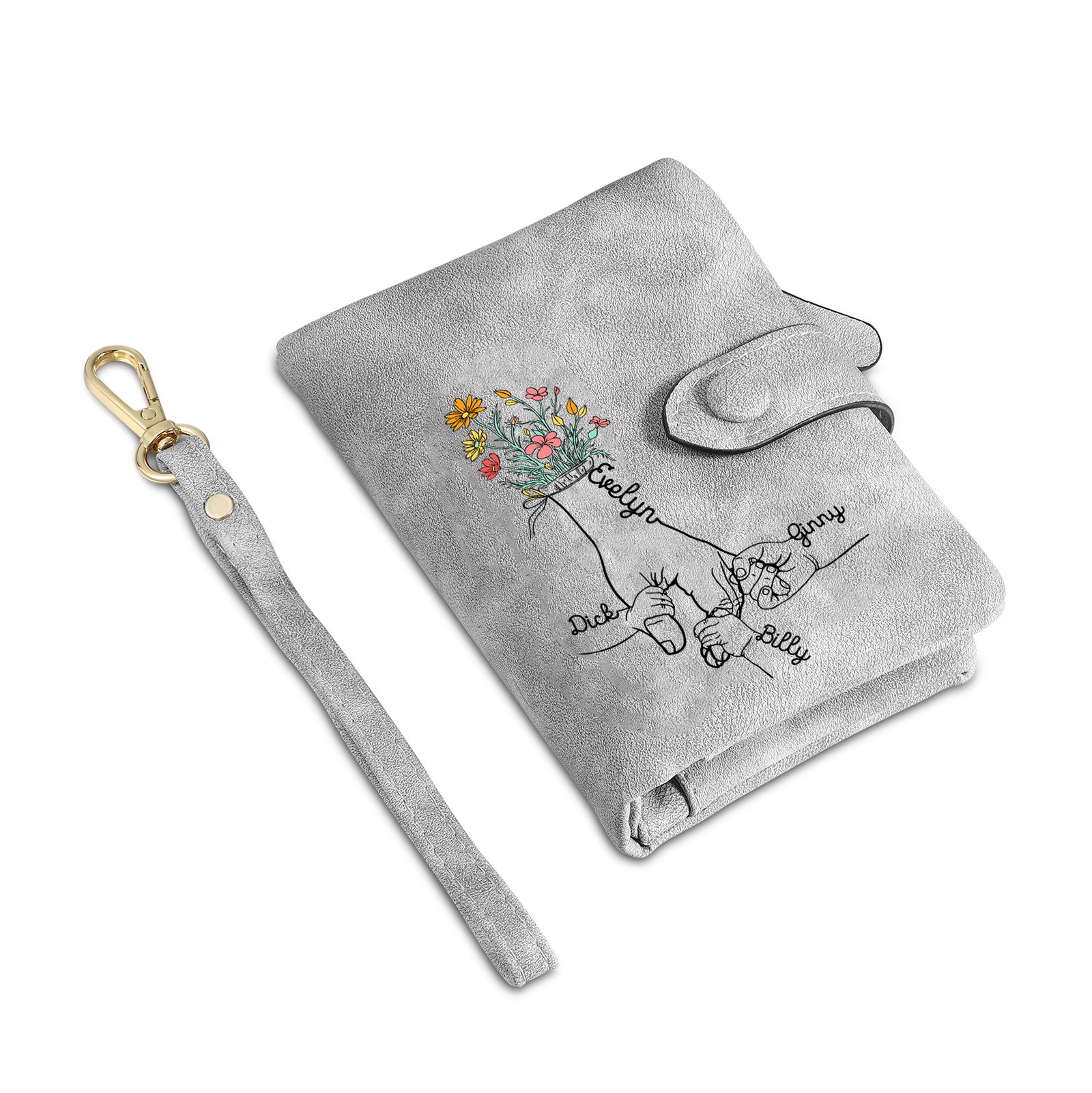 Cartera, billetera con 4 nombres y 1 foto personalizados mano con manito monedero clásico para mujer-Jessemade ES