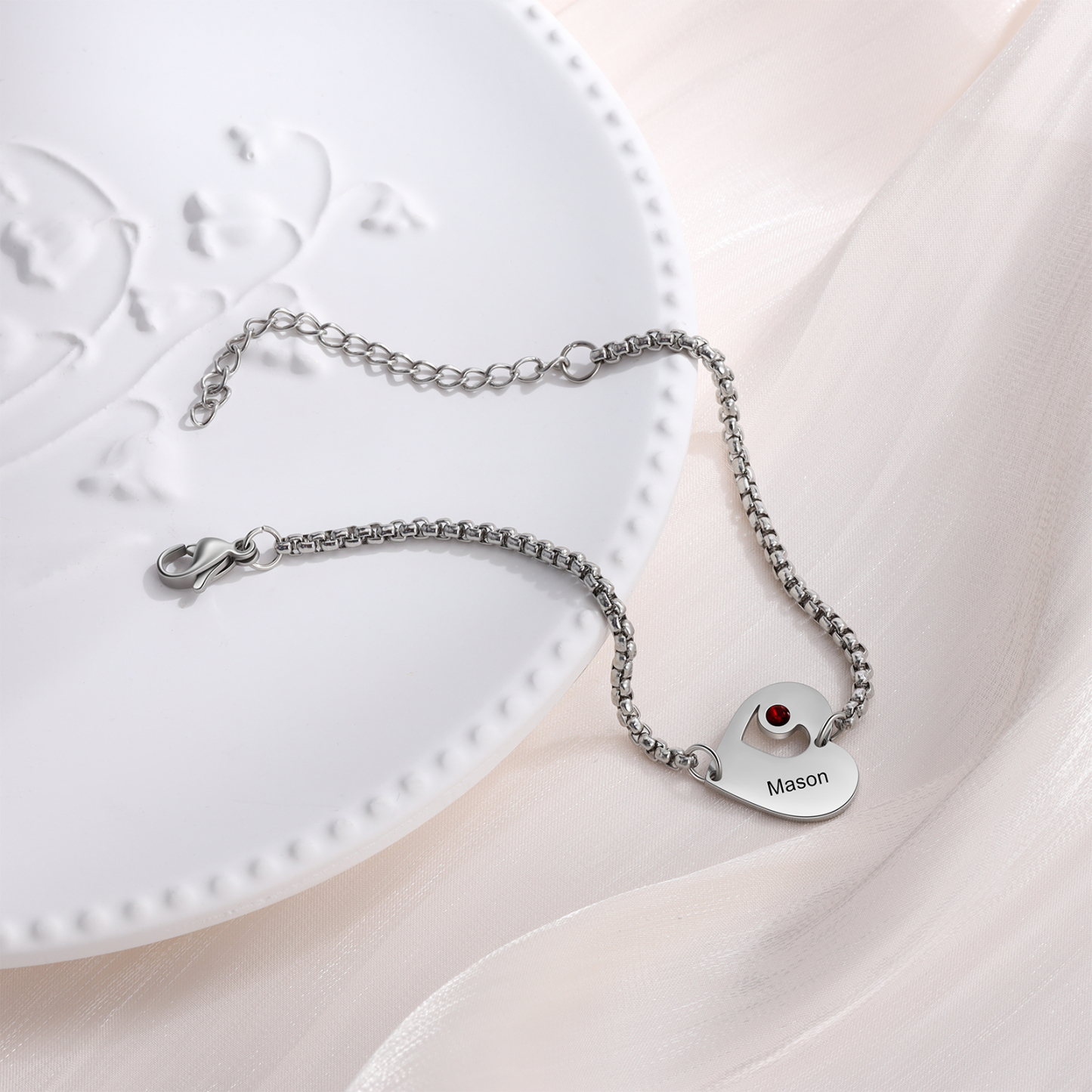 Pulsera de corazón personalizada con 1 nombre y 1 piedra de nacimiento-Jessemade ES