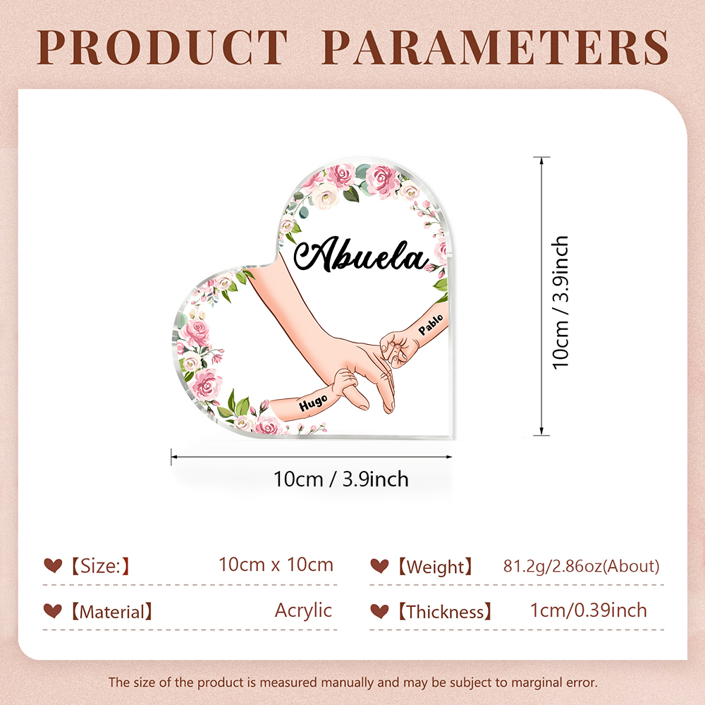 A mi mamá/abuela-Placa de acrílico en forma de corazón mano a mano con 1 texto y 2 nombres personalizados | Jessemade