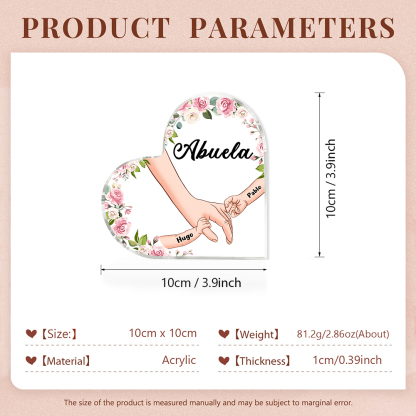 A mi mamá/abuela-Placa de acrílico en forma de corazón mano a mano con 1 texto y 2 nombres personalizados | Jessemade