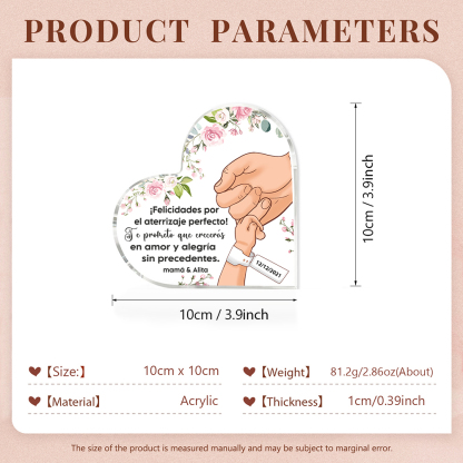 Placa de acrílico en forma de corazón con 1 texto y fecha personalizados para nuevo nacimiento