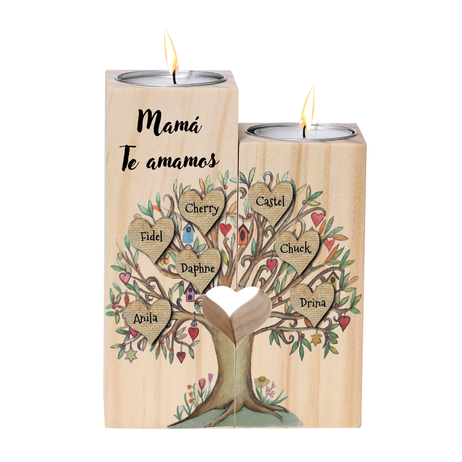 A la familia-Candelero de árbol de la vida de madera personalizado con 3-8 nombres y 1 texto sin vela-Jessemade ES