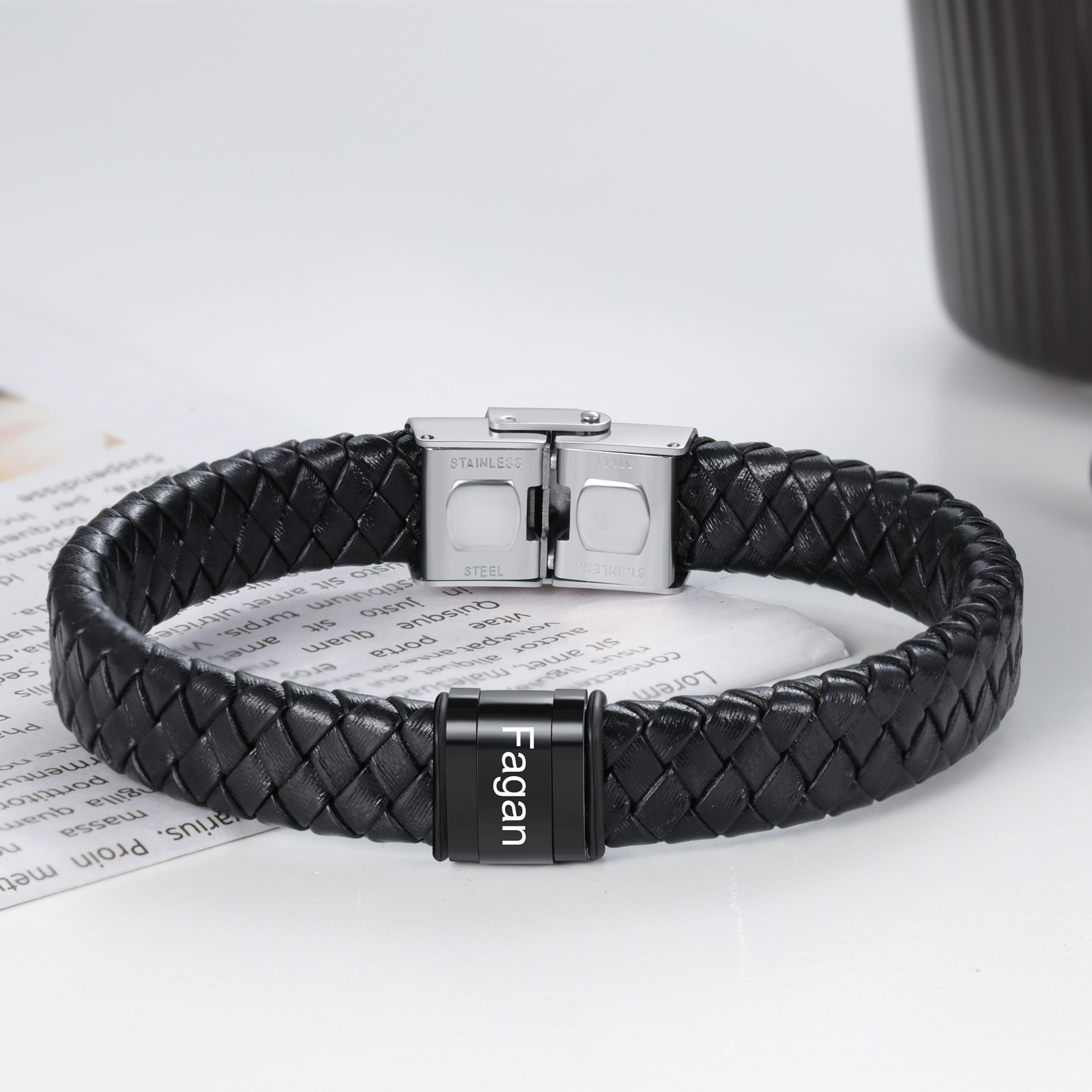 A mi querido-Pulsera de cuero trenzado de hombre con 1 perla personalizada con 1 nombre-Jessemade ES