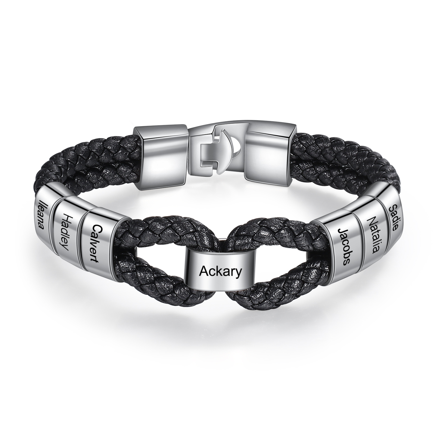 Pulsera 1-7 Nombres Personalizados de Cuero Trenzado con Aros-Jessemade ES