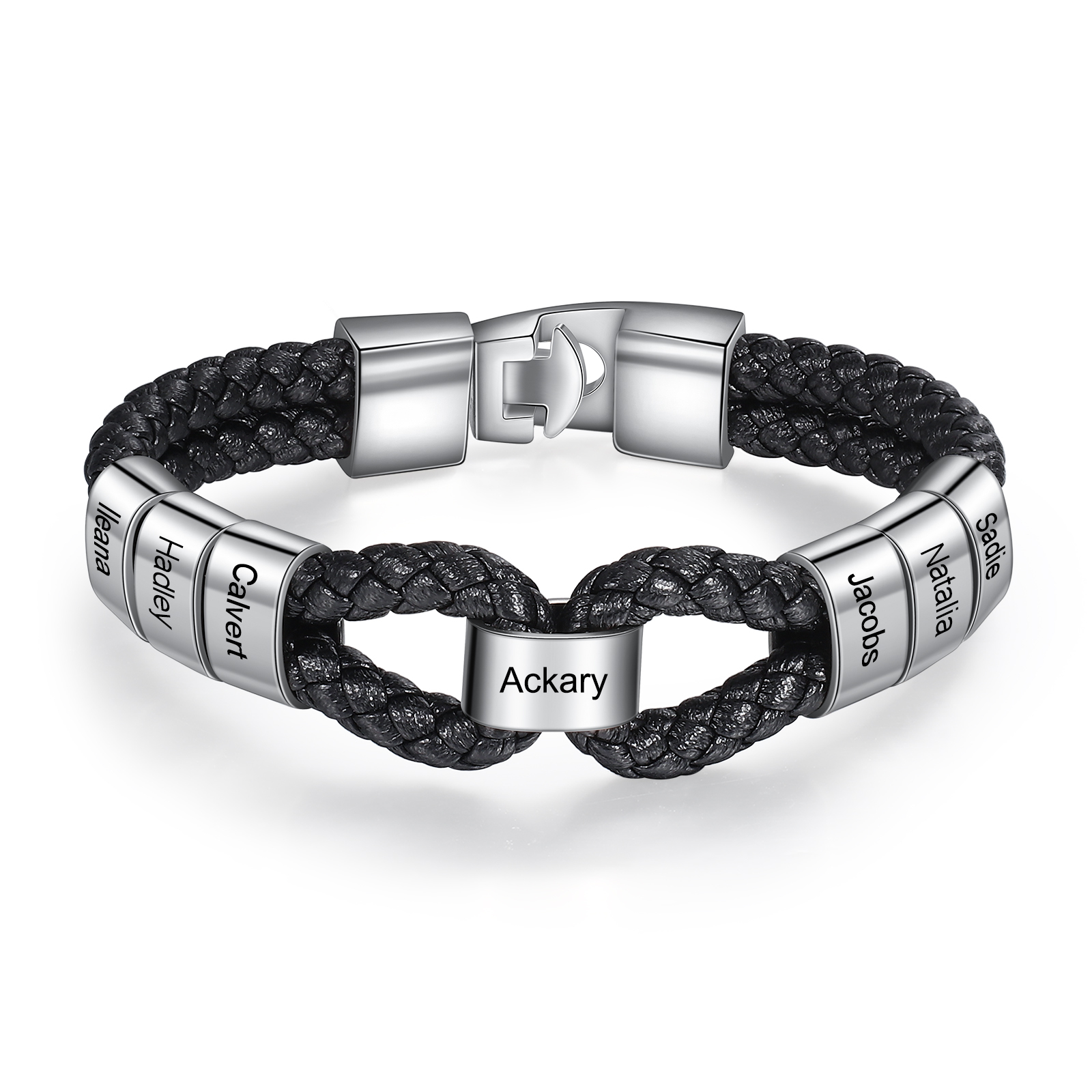 Pulsera 1-7 Nombres Personalizados de Cuero Trenzado con Aros-Jessemade ES
