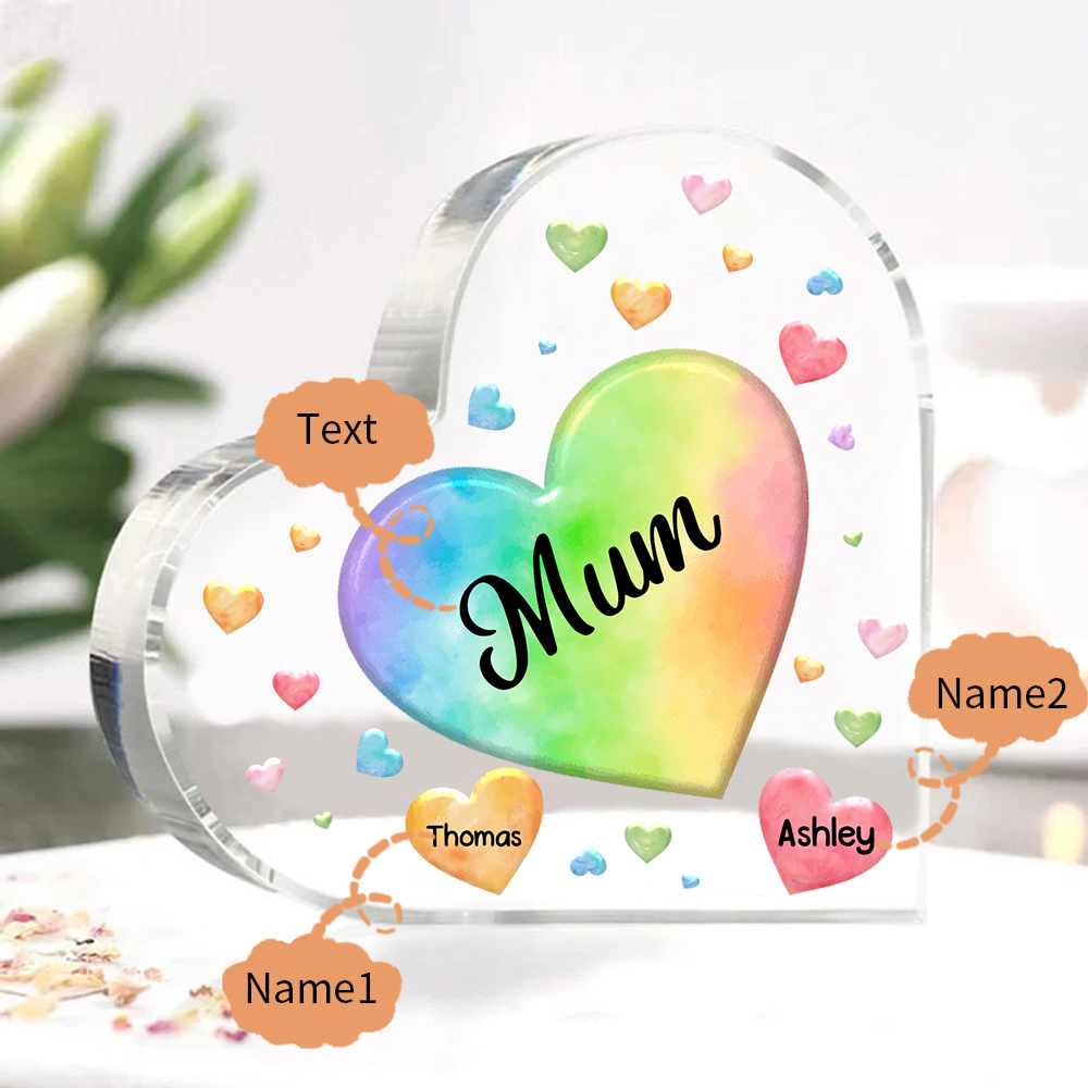 A mi mamá/abuela-Placa de acrílico "Corazones" en forma de corazón 2 nombres y 1 texto personalizados-Jessemade ES