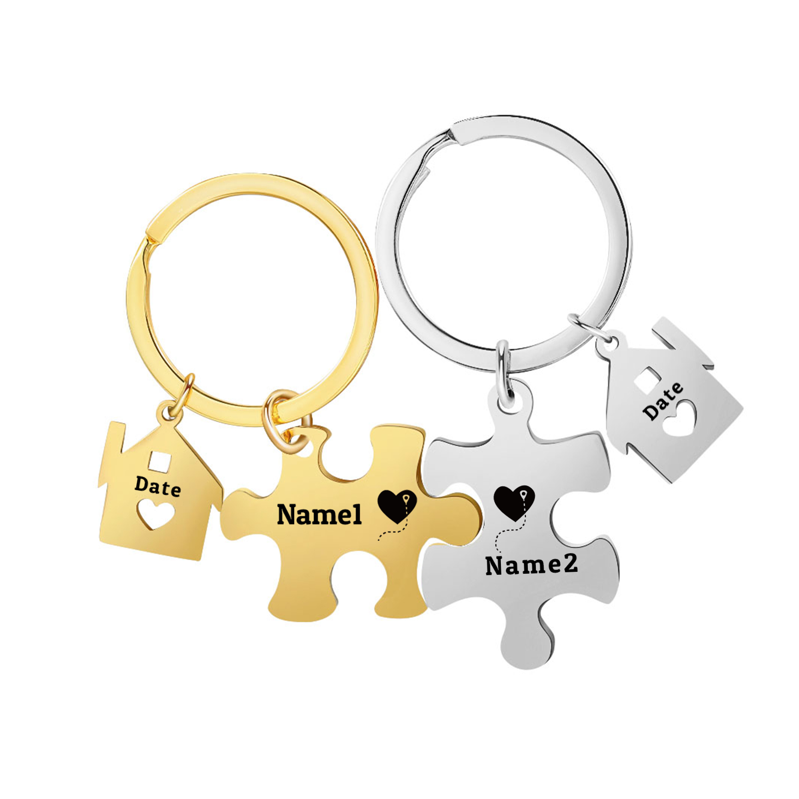 Llavero para pareja rompecabezas 2 nombres personalizados con fecha dije de casa-Jessemade ES