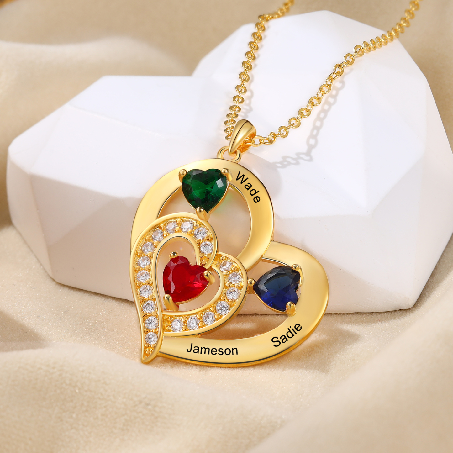 Collar corazón con 1-6 nombres personalizados y 1-6 piedras de nacimiento-Jessemade ES