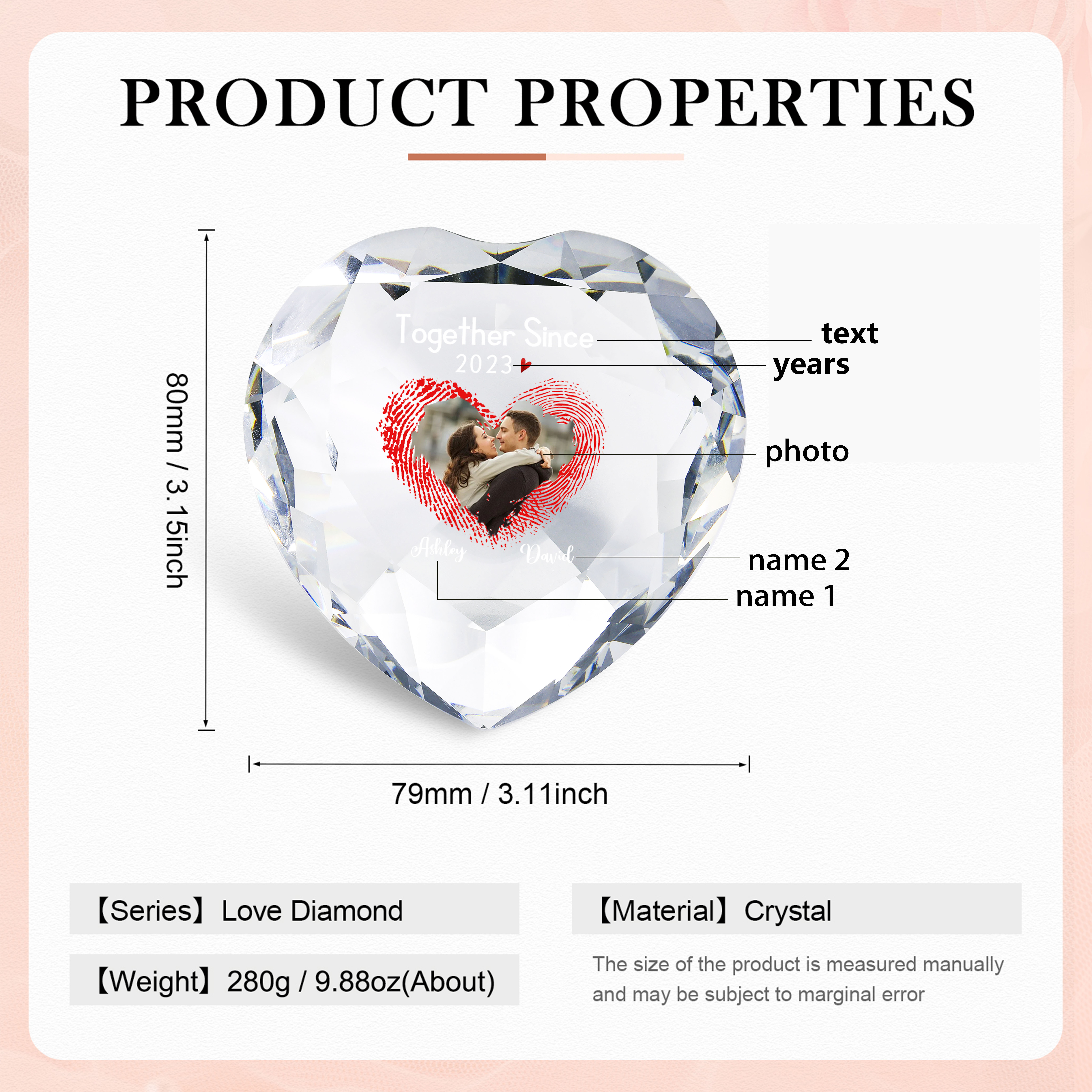 Decoración de vidrio de corazón con 2 Nombres, texto, año y foto personalizados para el AMOR-Jessemade ES