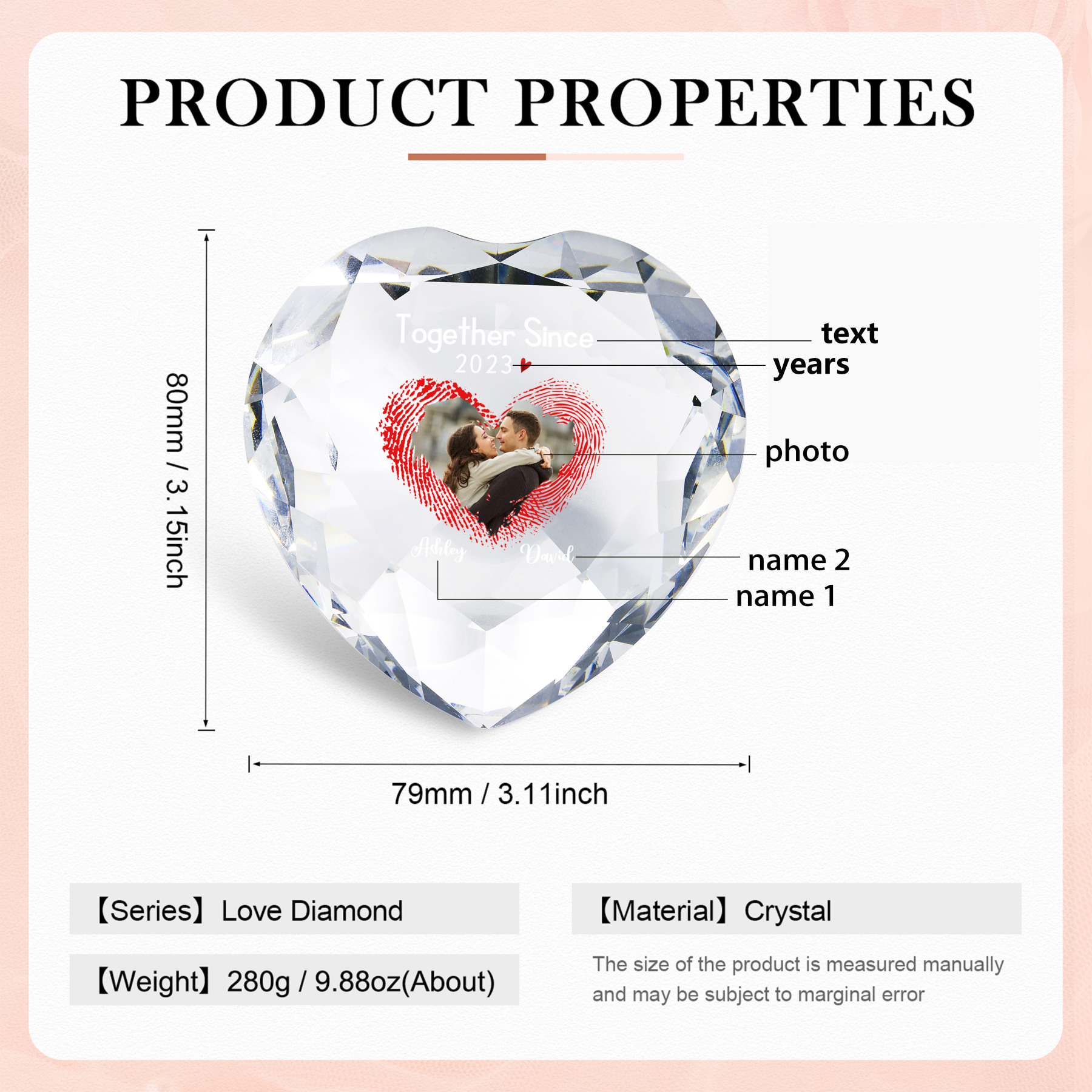 Decoración de vidrio de corazón con 2 Nombres, texto, año y foto personalizados para el AMOR-Jessemade ES