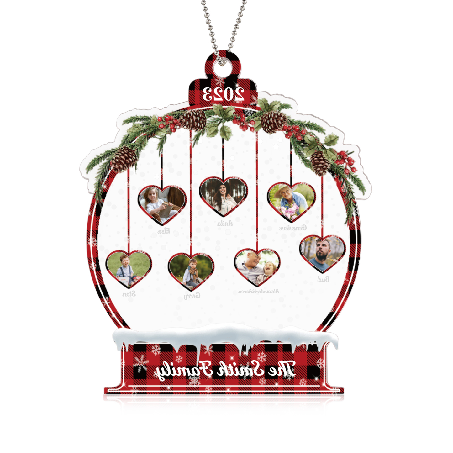 Navidad-Ornamento navideño de acrílico bola de cristal con 7 nombres, 7 fotos y 1 texto personalizados-Jessemade ES