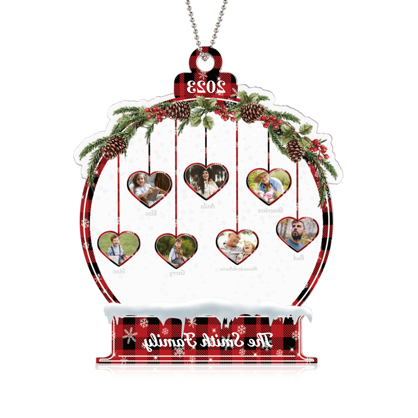 Navidad-Ornamento navideño de acrílico bola de cristal con 7 nombres, 7 fotos y 1 texto personalizados-Jessemade ES