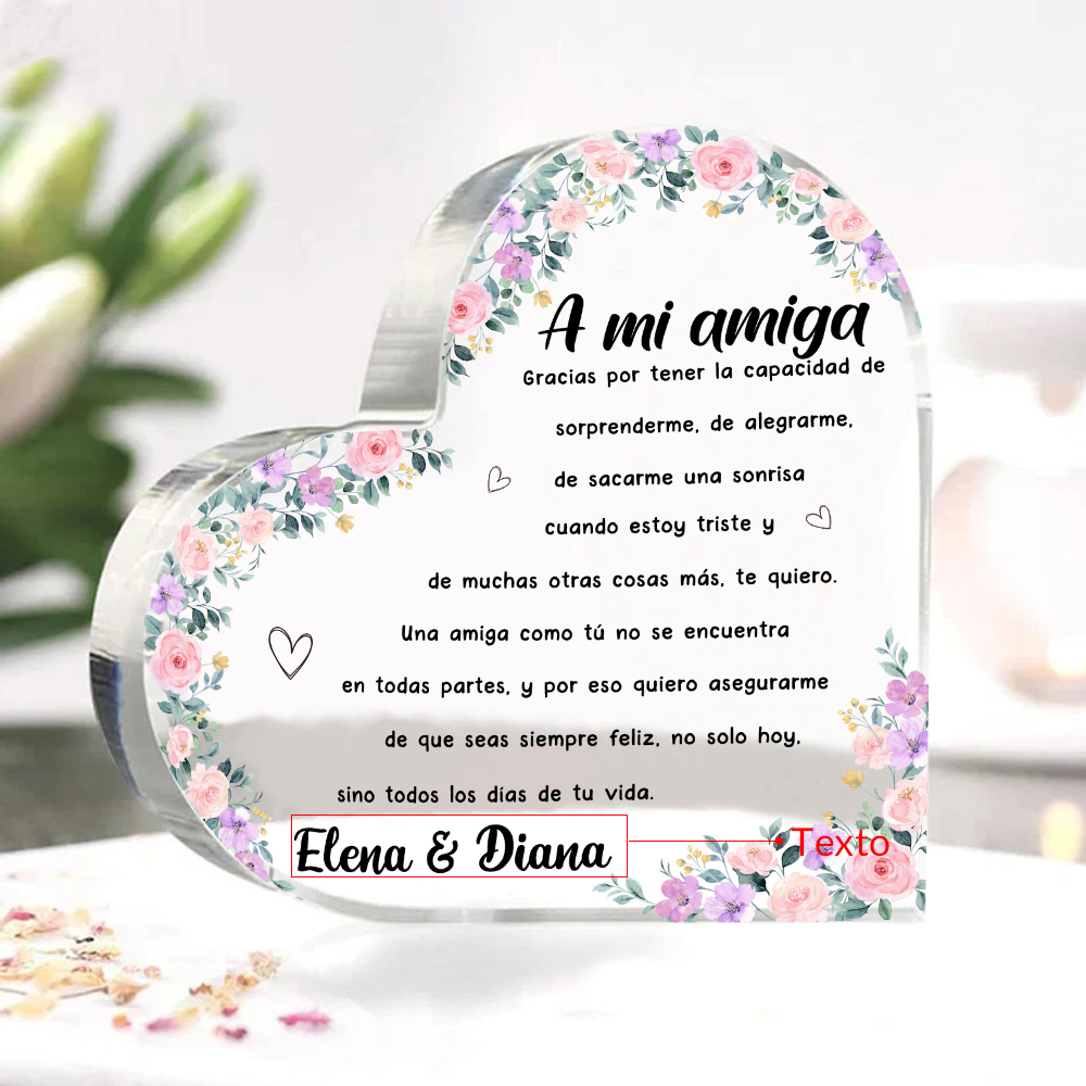 Placa de acrílico en forma de corazón para amiga con 1 texto personalizado-Jessemade ES