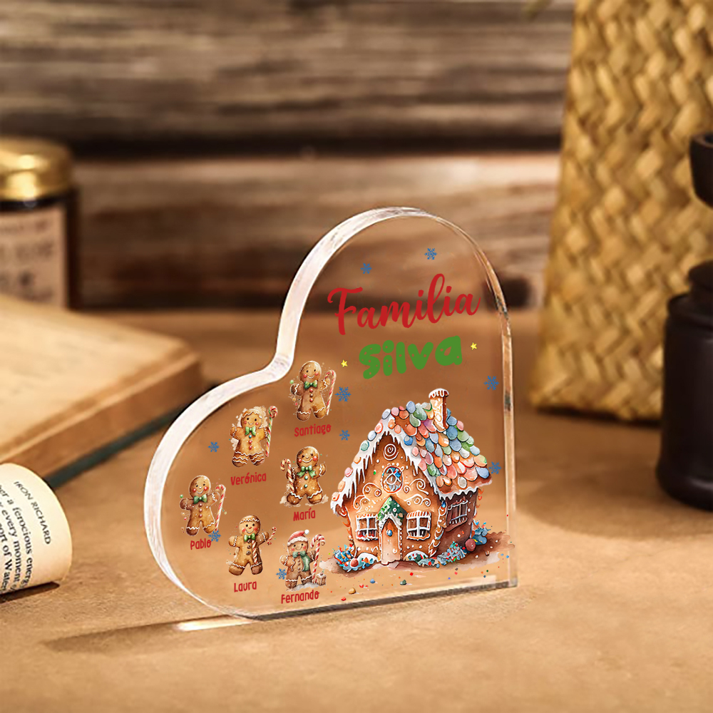 Navidad - Placa de acrílico en forma de corazón jengibres y su casa con 6 nombres y 1 texto personalizados-Jessemade ES