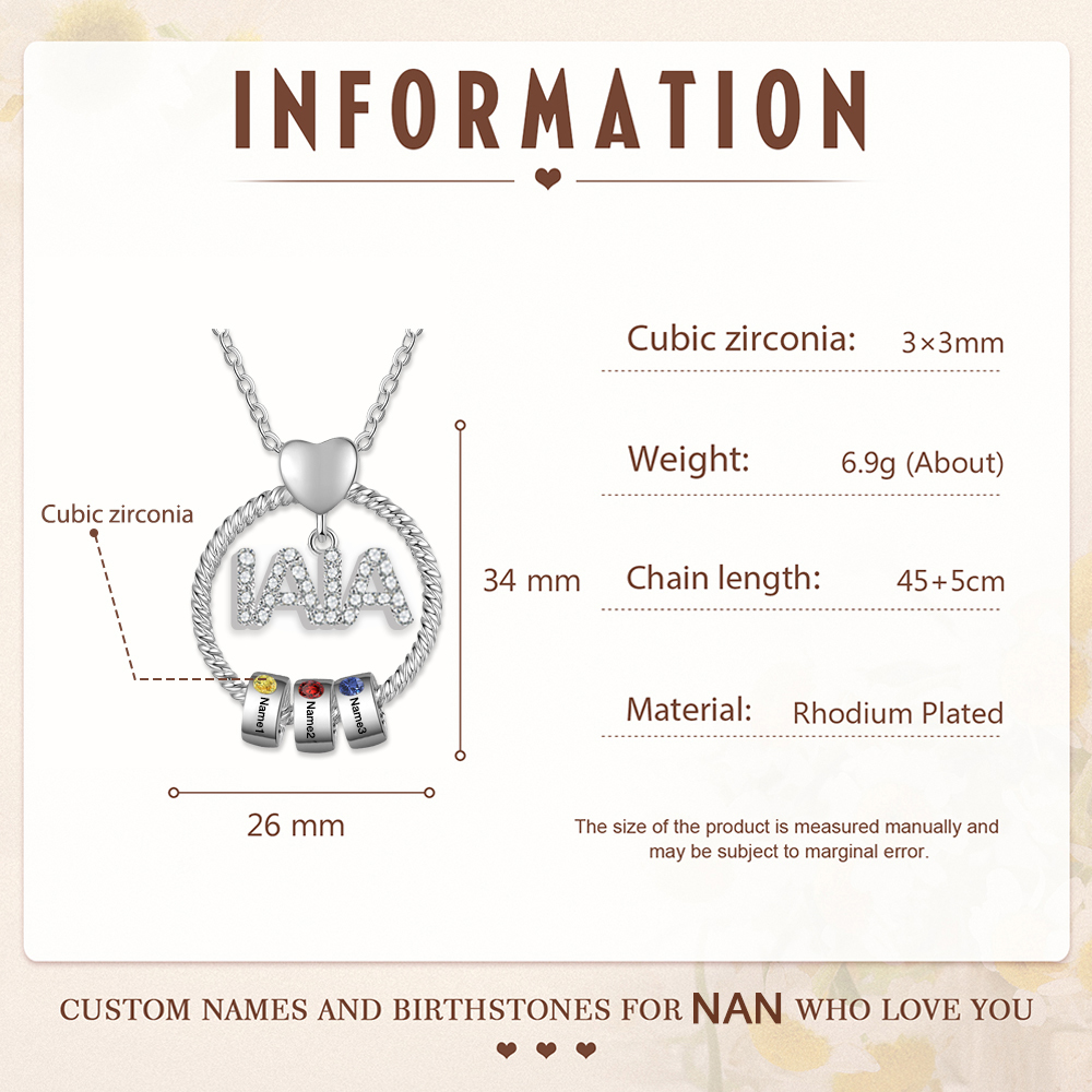 Navidad-Collar a abuela con colgante de "IAIA" con 3 nombres y 3 piedras de nacimiento personalizados | Jessemade