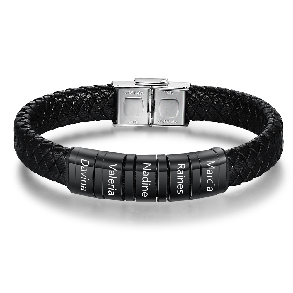 A MI PAPÁ-Pulsera de cuero trenzado de hombre con 5 perlas personalizadas con 5 nombres-Jessemade ES