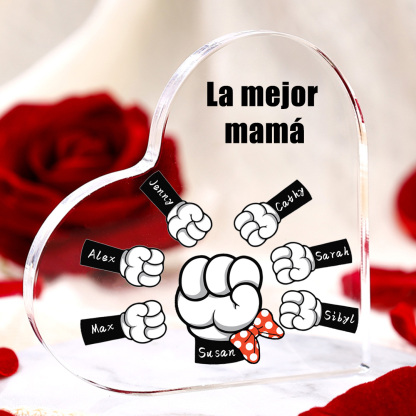A mi mamá/abuela-Placa de acrílico "Puños" en forma de corazón 7 nombres y 1 texto personalizados-Jessemade ES