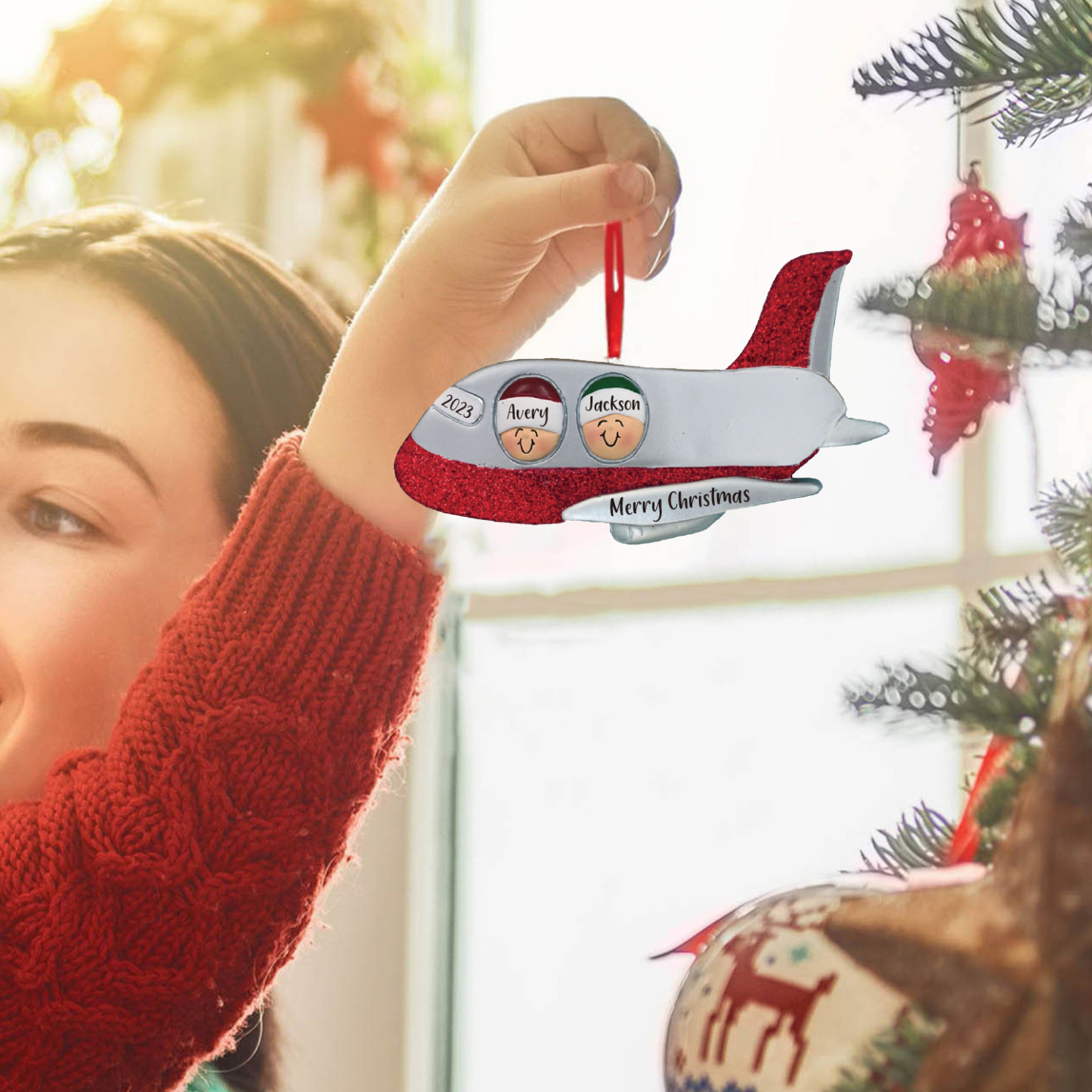 Navidad-Ornamento muñecos navideño de madera viaje en avión 2 nombres, 1 texto y 1 año personalizados adorno del árbol-Jessemade ES