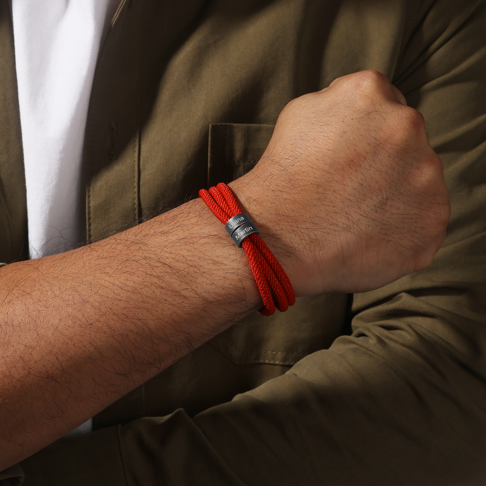 Pulsera de triple cuerda hilo rojo con 2 aros 2 nombres personalizados pulsera de hombre -Jessemade ES