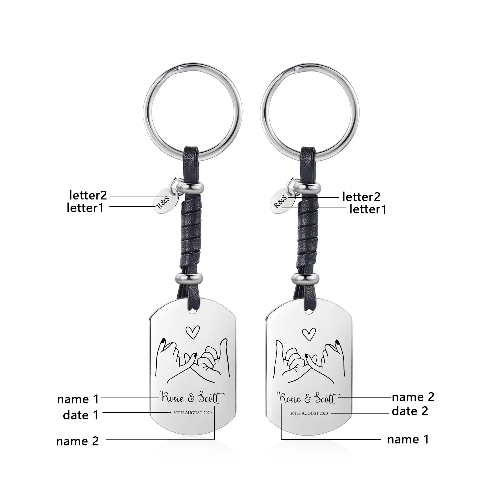 Llavero para pareja dedos cogidos 2 nombres, 2 letras y 2 fechas personalizados-Jessemade ES
