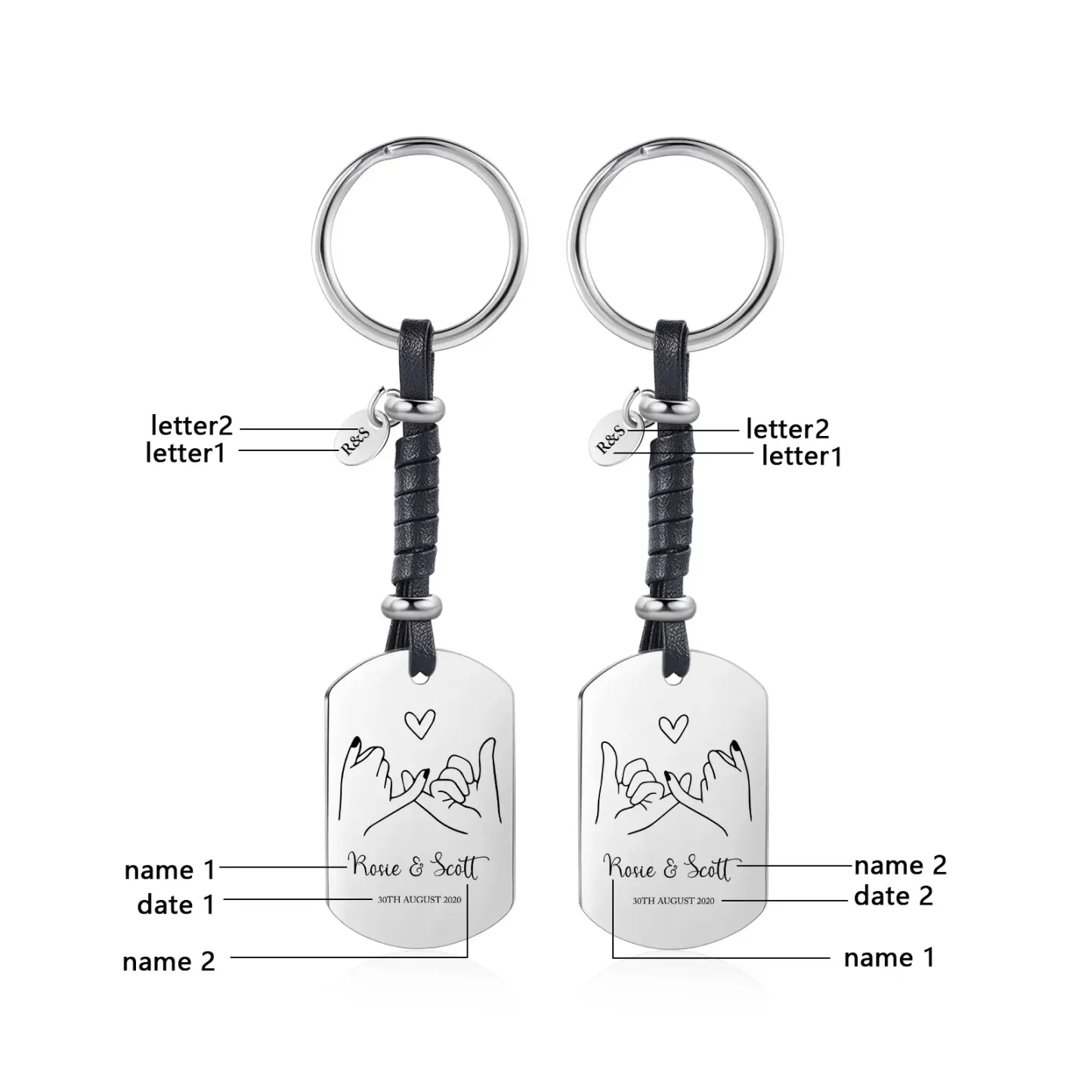 Llavero para pareja dedos cogidos 2 nombres, 2 letras y 2 fechas personalizados-Jessemade ES