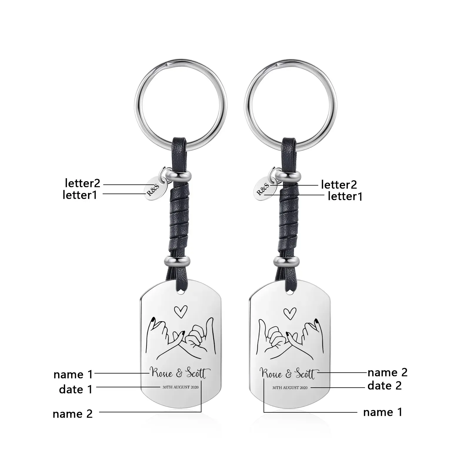 Llavero para pareja dedos cogidos 2 nombres, 2 letras y 2 fechas personalizados-Jessemade ES