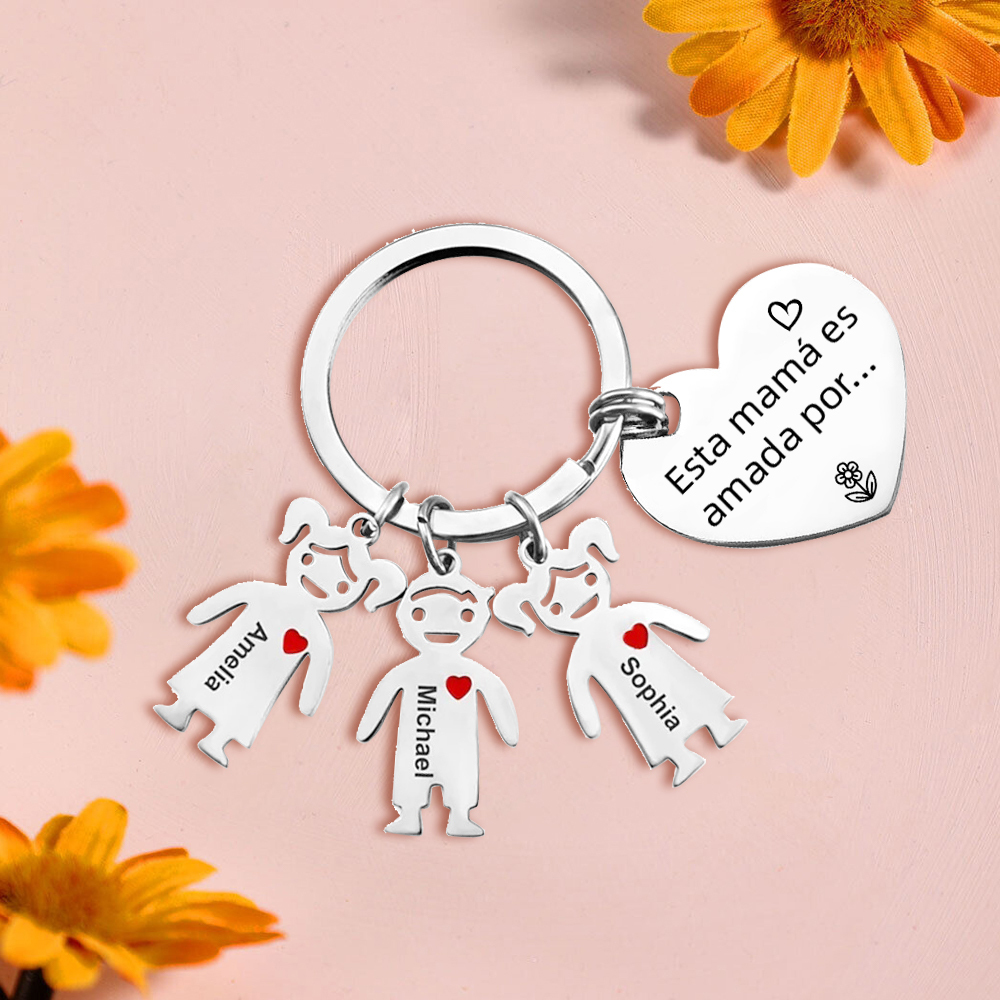 A mi mamá - Kit de regalo de cartera, llavero con "3 niños", tarjeta y caja nombre y flor de nacimiento personalizados | Jessemade