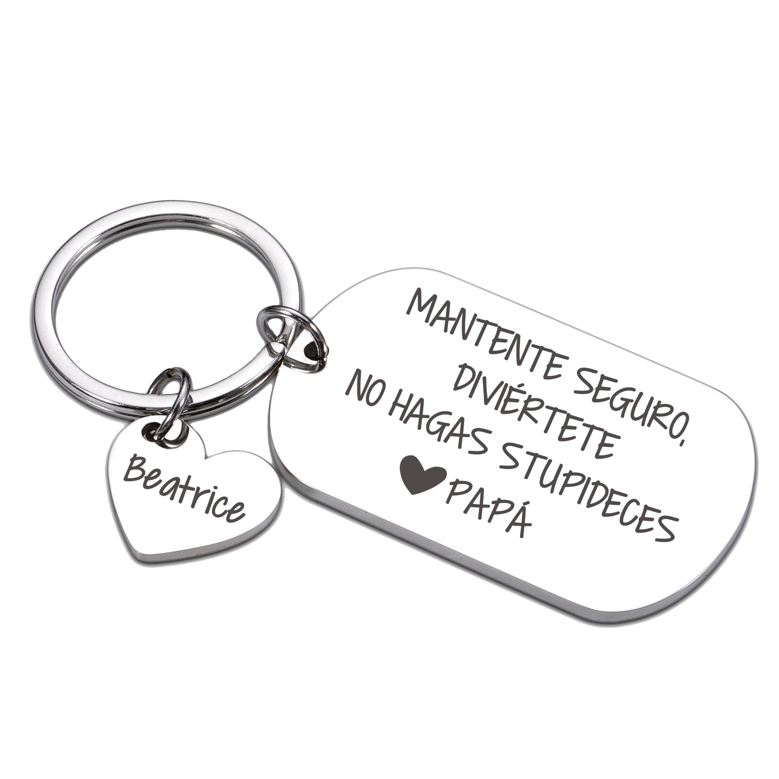 Llavero de placa "MANTENTE SEGURO, DIVIÉRTETE, NO HAGAS STUPIDECES" a hijo de padres 1 nombre personalizado-Jessemade ES