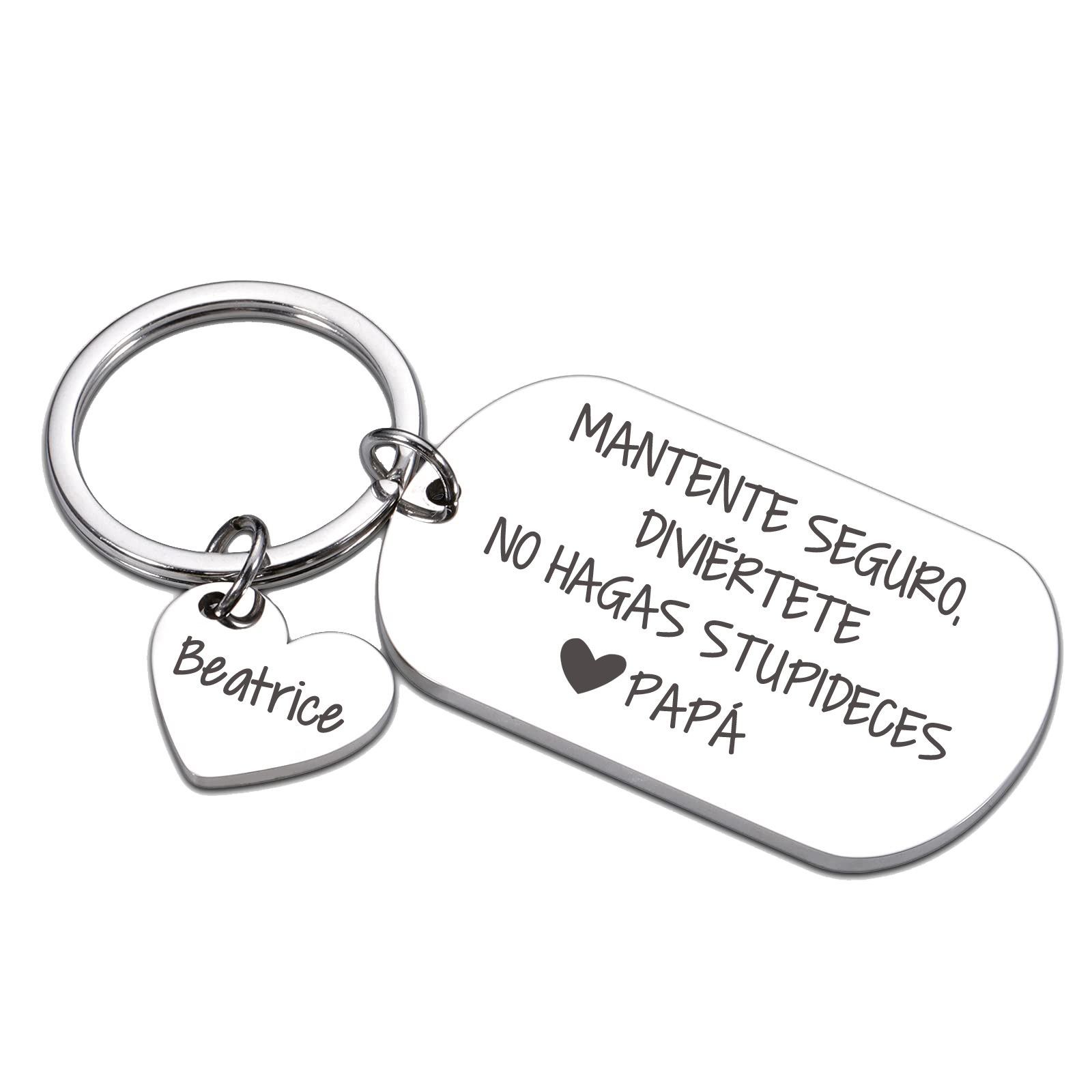 Llavero de placa "MANTENTE SEGURO, DIVIÉRTETE, NO HAGAS STUPIDECES" a hijo de padres 1 nombre personalizado-Jessemade ES
