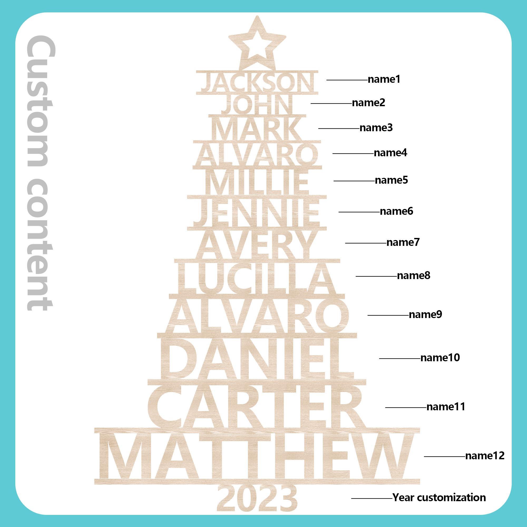 Navidad-Ornamento navideño de madera árbol de nombres con 12 nombres y año personalizados