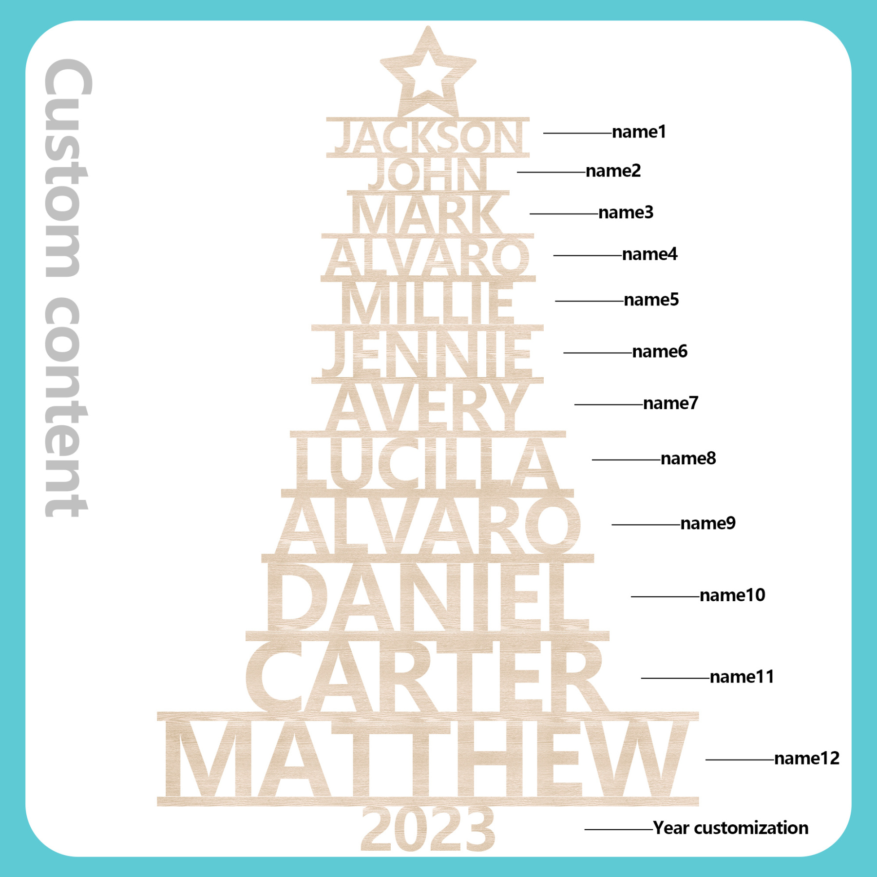 Navidad-Ornamento navideño de madera árbol de nombres con 12 nombres y año personalizados
