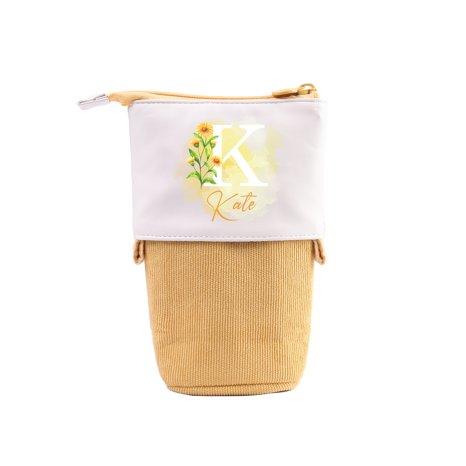 Estuche personalizado con nombre, letra y flor de nacimiento con diseños coloridos para niños