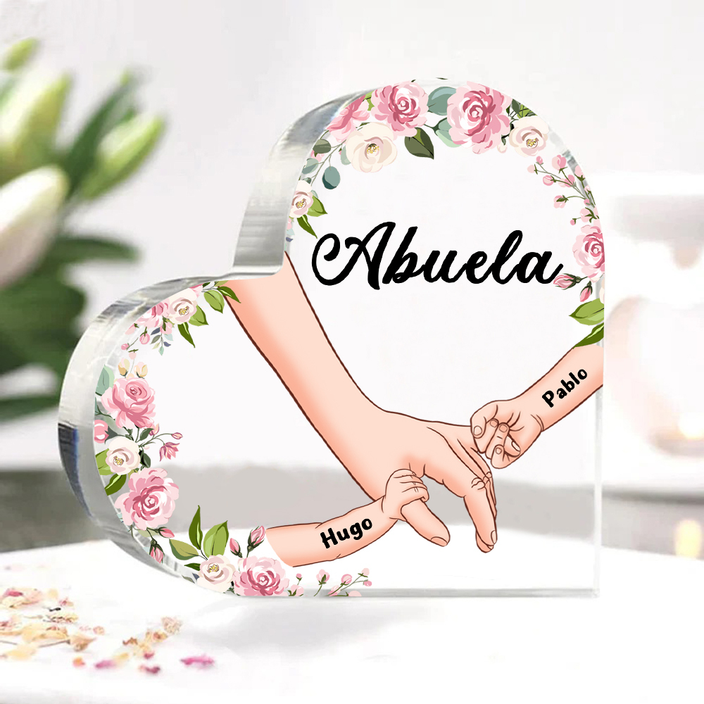 A mi mamá/abuela-Placa de acrílico en forma de corazón mano a mano con 1 texto y 2 nombres personalizados | Jessemade