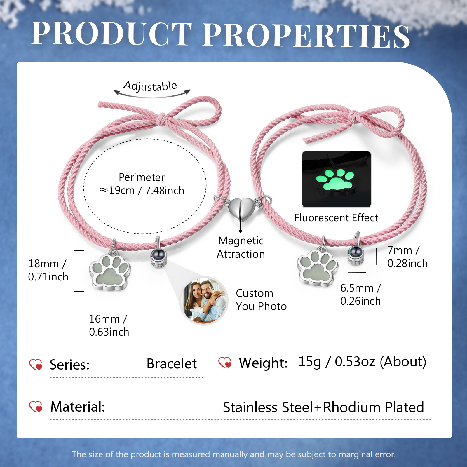 Pulsera para pareja de pata fluorescente con proyección de foto con dije de corazón magnético-Jessemade ES