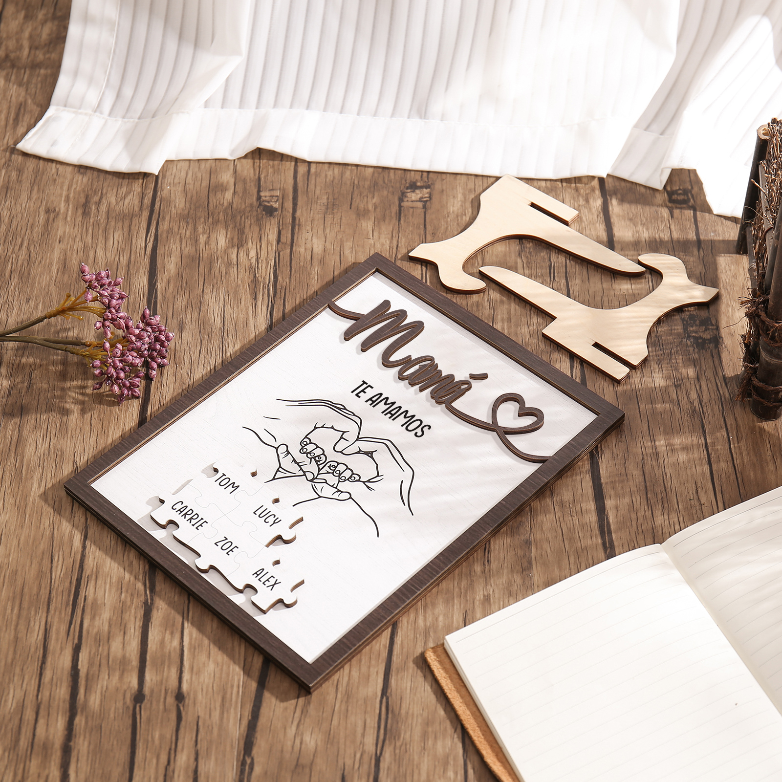 A mi mamá-Adorno 2-6 nombres y 1 texto personalizados decoración de madera rompecabezas-Jessemade ES