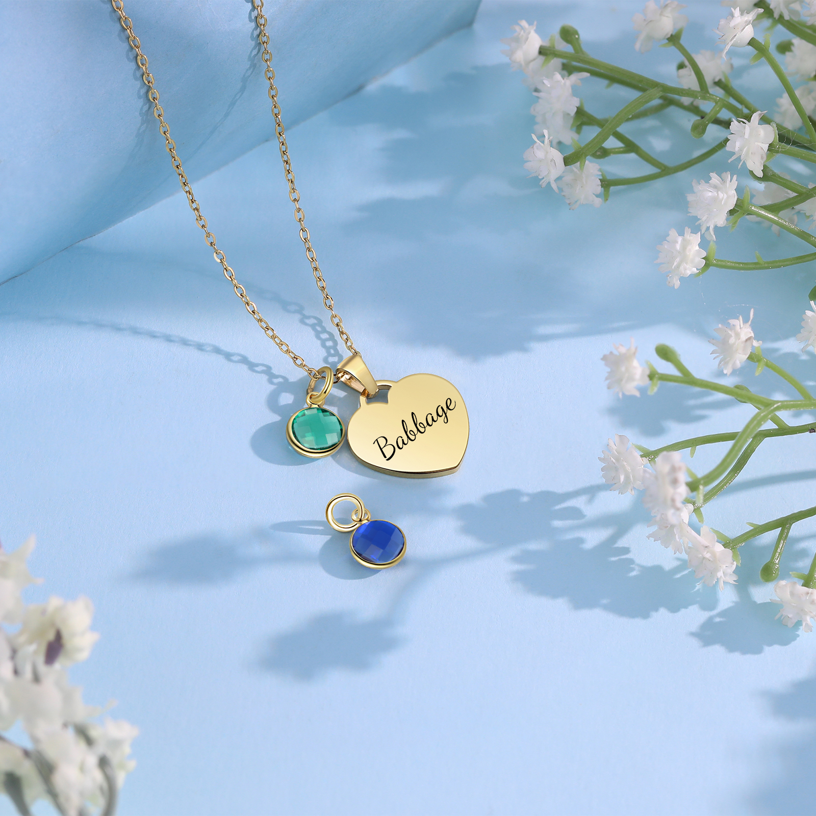 Collar de corazón con 1-3 colgantes de piedras de nacimiento con 1 nombre-Jessemade ES