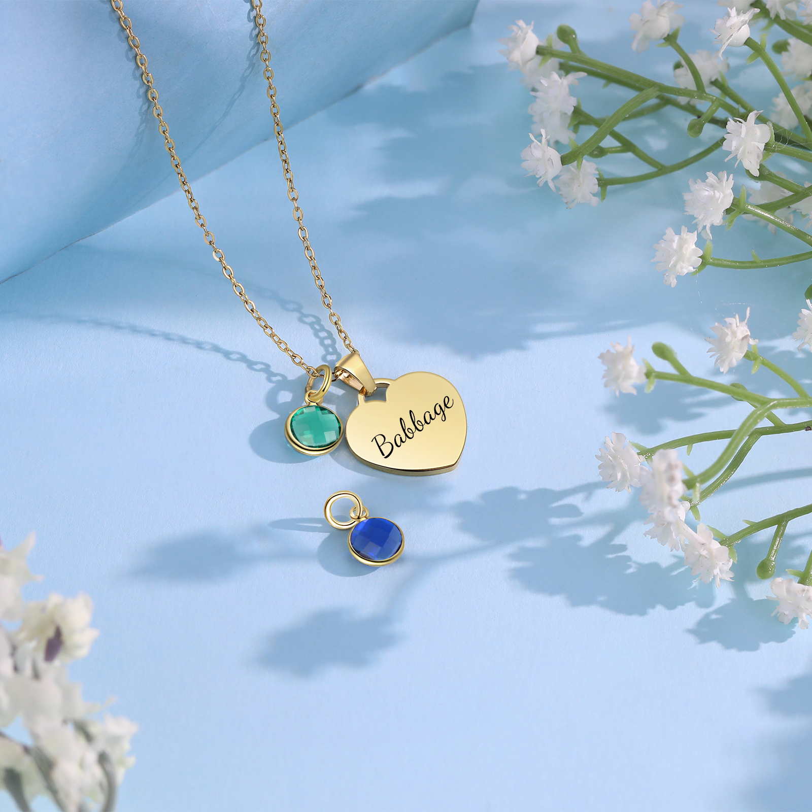 Collar de corazón con 1-3 colgantes de piedras de nacimiento con 1 nombre-Jessemade ES