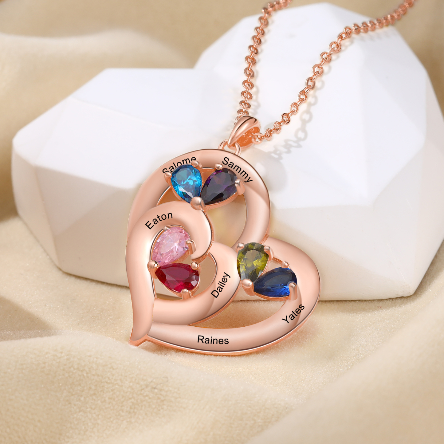Collar corazón con 1-6 nombres personalizados y 1-6 piedras de nacimiento-Jessemade ES