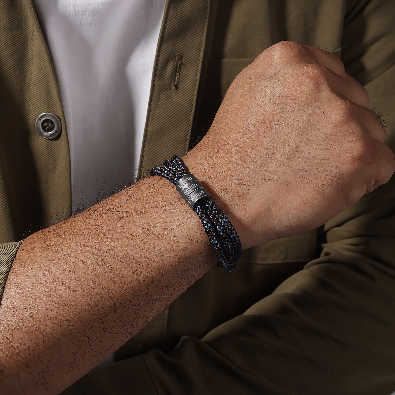 Pulsera de triple cuerda azul y marrón con 3 aros 3 nombres personalizados pulsera de hombre -Jessemade ES