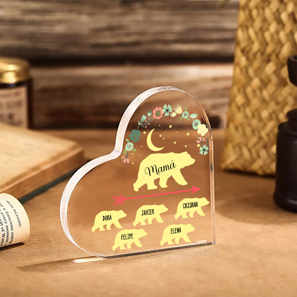 A mi mamá-Placa de acrílico en forma de corazón osos 1-6 nombres personalizados-Jessemade ES