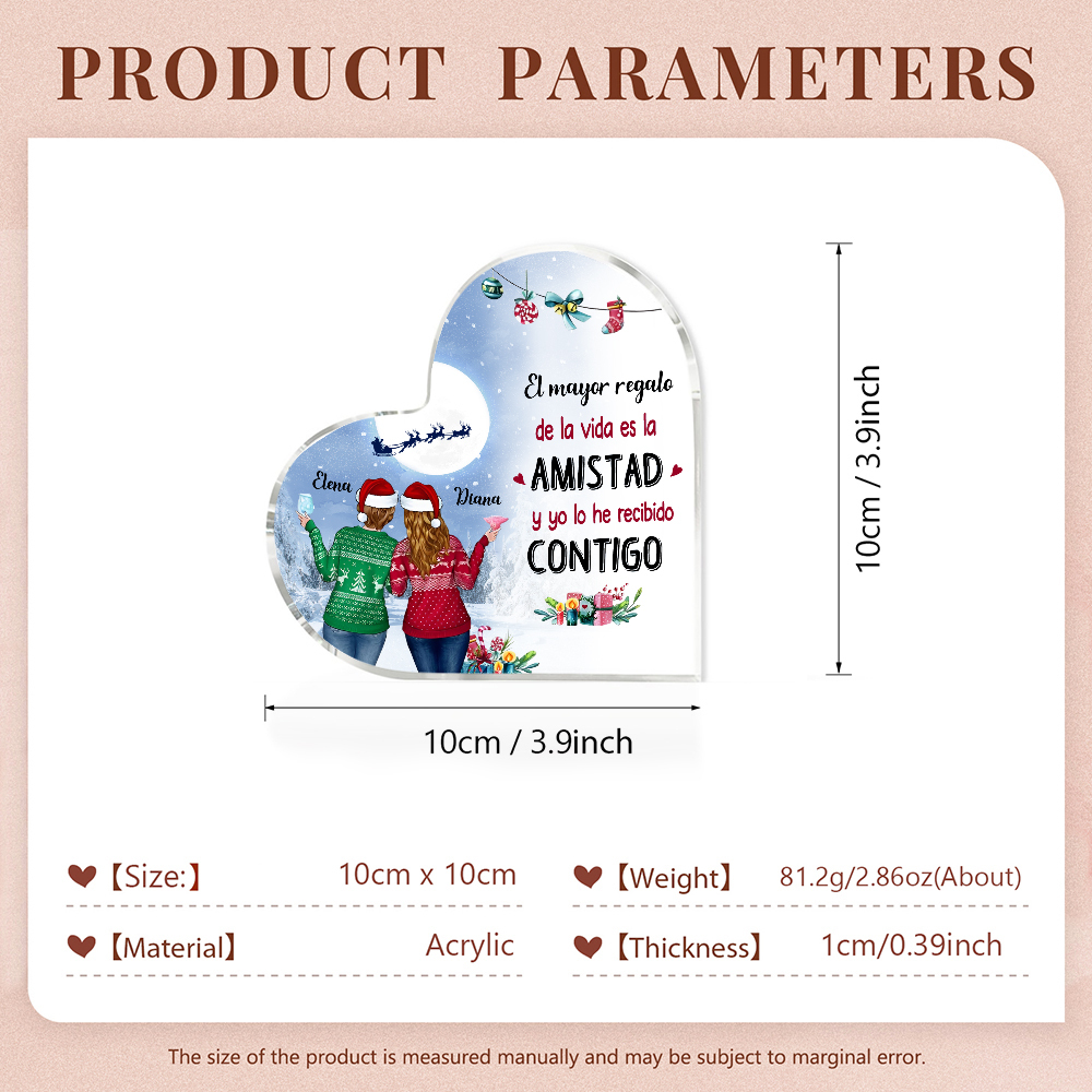Navidad-Placa de acrílico en forma de corazón para amiga con 2 nombres personalizados-Jessemade ES