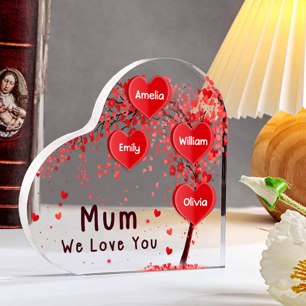 A mi mamá/abuela-Placa de acrílico "Corazones" en forma de corazón 4 nombres y 1 texto personalizados-Jessemade ES