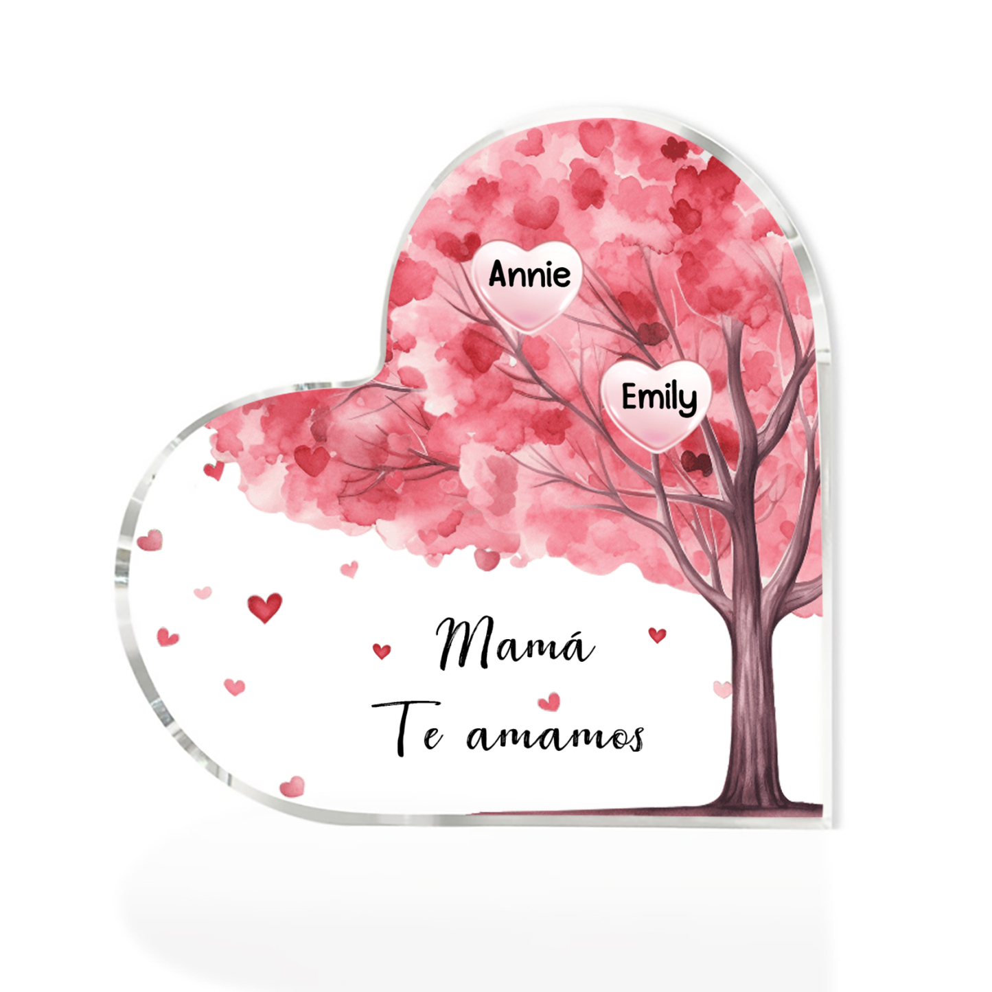 A mi mamá/abuela-Placa de acrílico "Árbol" en forma de corazón 2 nombres y 1 texto personalizados-Jessemade ES