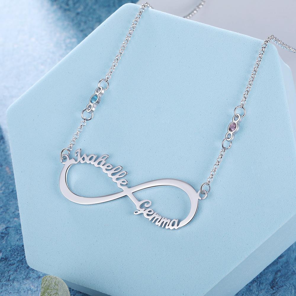 Collar para Mujer de "infinito" 2 Nombres y 2 Piedras de Nacimiento Personalizados